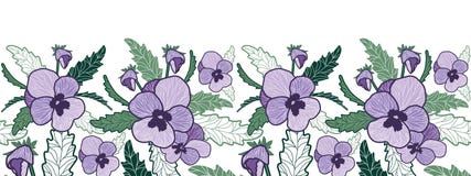 Vektorhorisontalsömlös gräns med den purpurfärgade penséen och gröna sidor vektor illustrationer Vektorhorisontalsömlös gräns med den purpurfärgade penséen och gröna sidor vektor illustrationer