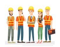 Vektorillustration av byggnadsarbetarelagtecken Män och kvinnor i likformigt och hjälmar på vit bakgrund royaltyfri illustrationer Vektorillustration av byggnadsarbetarelagtecken Män och kvinnor i likformigt och hjälmar på vit bakgrund royaltyfri illustrationer