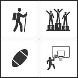 Vektorillustration av fastställda symboler för sport Beståndsdelar av den klättrare-, mästare-, rugbybollen, basketkorgen och bol stock illustrationer Vektorillustration av fastställda symboler för sport Beståndsdelar av den klättrare-, mästare-, rugbybollen, basketkorgen och bol stock illustrationer