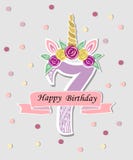 Vektorillustration mit Nr. sieben, Unicorn Horn, Ohren und Blume winden stock abbildung Vektorillustration mit Nr. sieben, Unicorn Horn, Ohren und Blume winden stock abbildung