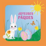 Vektorillustrationen med gullig Kanin-kanin och fransk text Joyeuses Pâques, betyder lycklig påsk vektor illustrationer Vektorillustrationen med gullig Kanin-kanin och fransk text Joyeuses Pâques, betyder lycklig påsk vektor illustrationer