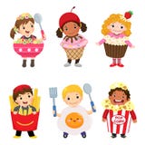 Vektorkarikatur von netten Kindern in den Lebensmittelkostümen eingestellt Karnevalsstoff stock abbildung Vektorkarikatur von netten Kindern in den Lebensmittelkostümen eingestellt Karnevalsstoff stock abbildung