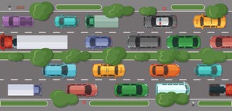 Vektorlandstraße mit vielen Autos und Fahrzeugen vektor abbildung Vektorlandstraße mit vielen Autos und Fahrzeugen vektor abbildung