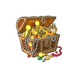 Vektorn öppnade skattbröstkorgen mycket av guld- mynt royaltyfri illustrationer Vektorn öppnade skattbröstkorgen mycket av guld- mynt royaltyfri illustrationer