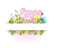 Vektorpåskbakgrund med kulöra ägg, kaninöron, blommor, nyckelpiga, och fjäril och text Mall för en ferie royaltyfri illustrationer Vektorpåskbakgrund med kulöra ägg, kaninöron, blommor, nyckelpiga, och fjäril och text Mall för en ferie royaltyfri illustrationer