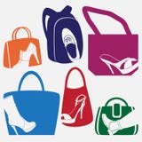 Vektorsatz farbige Embleme mit verschiedenen Arten von Schuhen stock abbildung Vektorsatz farbige Embleme mit verschiedenen Arten von Schuhen stock abbildung