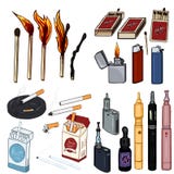 Vektortecknad filmuppsättning av röka och Vaping objekt stock illustrationer Vektortecknad filmuppsättning av röka och Vaping objekt stock illustrationer