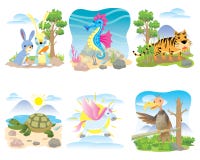 Vektortiersatz, Kaninchen, Seahorse, Tiger, Schildkröte, Pferd, Einhorn, vektor abbildung Vektortiersatz, Kaninchen, Seahorse, Tiger, Schildkröte, Pferd, Einhorn, vektor abbildung