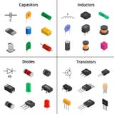 Vektoruppsättning av izometric elektroniska delar Kondensatorer diod royaltyfri illustrationer Vektoruppsättning av izometric elektroniska delar Kondensatorer diod royaltyfri illustrationer