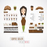 Vendedor divertido plano del café del charatcer stock de ilustración Vendedor divertido plano del café del charatcer stock de ilustración
