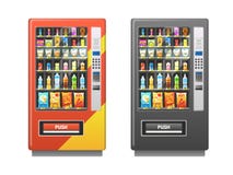 Vending machine. Snacks sandwich biscuit chocolate drinks juice beverages pack, sale retail mechanism, flat vector