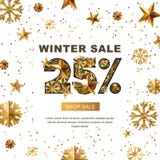 Vendita di inverno 25 per cento fuori, insegna con le stelle d'oro 3d e fiocchi di neve royalty illustrazione gratis Vendita di inverno 25 per cento fuori, insegna con le stelle d'oro 3d e fiocchi di neve royalty illustrazione gratis