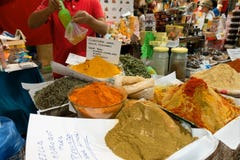 A vendor sells spices in the Trade Fair of Gijon 2018 stock photos A vendor sells spices in the Trade Fair of Gijon 2018 stock photos