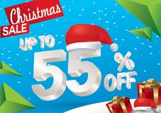 Venta de la Navidad el 55 por ciento Fondo de la venta del invierno con el texto del hielo 3d con la bandera y la nieve de Papá N stock de ilustración Venta de la Navidad el 55 por ciento Fondo de la venta del invierno con el texto del hielo 3d con la bandera y la nieve de Papá N stock de ilustración