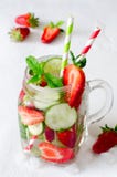 Verano que restaura bebidas heladas con el pepino y la fresa en el fondo blanco Fotografía de archivo libre de regalías Verano que restaura bebidas heladas con el pepino y la fresa en el fondo blanco Fotografía de archivo libre de regalías