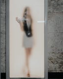 Verblaßtes Frauenschattenbild hinter der gefrorenen Glastür lizenzfreie stockfotos Verblaßtes Frauenschattenbild hinter der gefrorenen Glastür lizenzfreie stockfotos