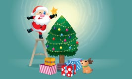 Verfraaien de leuke Kerstman en zijn rendier de Kerstboom stock illustratie Verfraaien de leuke Kerstman en zijn rendier de Kerstboom stock illustratie