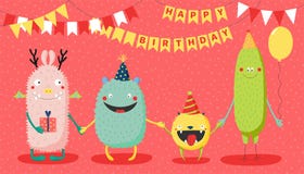 Verjaardagskaart met leuke grappige monsters royalty-vrije illustratie Verjaardagskaart met leuke grappige monsters royalty-vrije illustratie