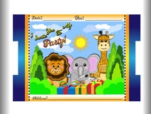 Verjaardagsuitnodiging voor kinderen van dieren zoals olifant, giraf en leeuw, samen met de zon en wolken het zo perfecte kaartje stock illustratie Verjaardagsuitnodiging voor kinderen van dieren zoals olifant, giraf en leeuw, samen met de zon en wolken het zo perfecte kaartje stock illustratie