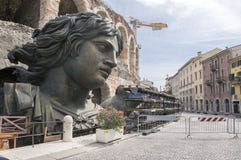 Verona town / ITALY - June 10, 2017: Woman sculpture ready for film shooting next Arena building stock photo Verona town / ITALY - June 10, 2017: Woman sculpture ready for film shooting next Arena building stock photo