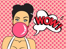 Verraste sexy vrouw die met kauwgom wauw zeggen vector illustratie Verraste sexy vrouw die met kauwgom wauw zeggen vector illustratie