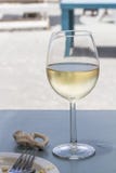 Verre de vin avec du vin blanc effrayant à la table de restaurant de plage à la côte ouest Afrique du Sud photos stock Verre de vin avec du vin blanc effrayant à la table de restaurant de plage à la côte ouest Afrique du Sud photos stock