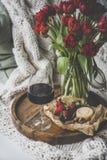 Verre de vin rouge, de casse-cro?te et de tulipes au-dessus de couverture tricot image libre de droits Verre de vin rouge, de casse-cro?te et de tulipes au-dessus de couverture tricot image libre de droits
