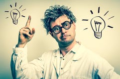 Verrückter Wissenschaftler erhielt die großartige Idee mit Birnensymbol - Retro- styl Stockfoto Verrückter Wissenschaftler erhielt die großartige Idee mit Birnensymbol - Retro- styl Stockfoto