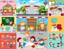 Verschiedene Szenen mit Kindern in der Schule stock abbildung Verschiedene Szenen mit Kindern in der Schule stock abbildung