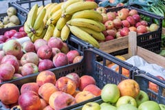 Verse vruchten bij een fruittribune op een markt stock foto's Verse vruchten bij een fruittribune op een markt stock foto's