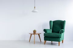Vert confortable et vert, fauteuil d'aile et un cactus sur une table en bois dans un intérieur blanc de salon avec l'espace de co images libres de droits Vert confortable et vert, fauteuil d'aile et un cactus sur une table en bois dans un intérieur blanc de salon avec l'espace de co images libres de droits