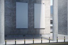Vertical banners on concrete building. Two blank white vertical banners hanging on concrete building. Daytime. Ad concept. Mock up, 3D Rendering Stock Photo Vertical banners on concrete building. Two blank white vertical banners hanging on concrete building. Daytime. Ad concept. Mock up, 3D Rendering Stock Photo