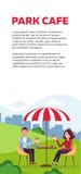 Vertical brochure design for park cafe. couple is relaxing in an outdoor cafe in city park on a grassy lawn under a striped stock illustration Vertical brochure design for park cafe. couple is relaxing in an outdoor cafe in city park on a grassy lawn under a striped stock illustration