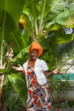 The vertical full body of a joyful African American woman wearing a bright colorful national dress poses royalty free stock photo The vertical full body of a joyful African American woman wearing a bright colorful national dress poses royalty free stock photo