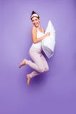 Vertical full length side profile body size photo beautiful she her lady jump hold arms hands pillow naked nude feet stock images Vertical full length side profile body size photo beautiful she her lady jump hold arms hands pillow naked nude feet stock images