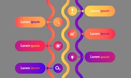 Vertical wave time line data infographic modern design style with markpoint graph think search gear target icons. vector vector illustration Vertical wave time line data infographic modern design style with markpoint graph think search gear target icons. vector vector illustration
