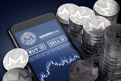 Vertikaler Smartphone mit Handelsdiagramm Monero, das unter Stapel von silbernem Monero Bildschirm ist, prägt lizenzfreie abbildung Vertikaler Smartphone mit Handelsdiagramm Monero, das unter Stapel von silbernem Monero Bildschirm ist, prägt lizenzfreie abbildung