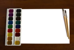 Verven, borstels - tekeningshulpmiddelen op een bureau stock fotografie Verven, borstels - tekeningshulpmiddelen op een bureau stock fotografie