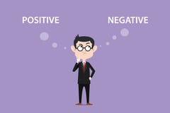 Verwar over positieve negatieve gevolgenillustratie met een mens die zwart kostuum en oogglas dragen en witte teksten bovenop vector illustratie Verwar over positieve negatieve gevolgenillustratie met een mens die zwart kostuum en oogglas dragen en witte teksten bovenop vector illustratie