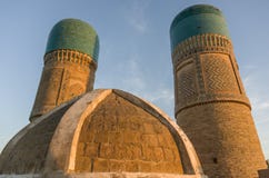 Verzierte Türme geringen madrassa Chor in Bukhara stockfoto Verzierte Türme geringen madrassa Chor in Bukhara stockfoto