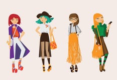 Vestiti di via casuali assorbiti ragazze adorabili dei pantaloni a vita bassa dell'insieme giovani nei colori luminosi Raccolta c illustrazione di stock Vestiti di via casuali assorbiti ragazze adorabili dei pantaloni a vita bassa dell'insieme giovani nei colori luminosi Raccolta c illustrazione di stock
