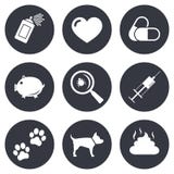 Veterinary, pets icons. Dog paws, syringe signs stock illustration Veterinary, pets icons. Dog paws, syringe signs stock illustration