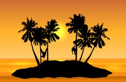 Vetor tropical da paisagem da ilha com os macacos nas palmas e no yello ilustração stock Vetor tropical da paisagem da ilha com os macacos nas palmas e no yello ilustração stock