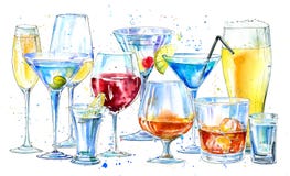 Vetro di un champagne, di un martini, di un whiskey, di una vodka, di un vino, di un liquore, di una birra, di un cognac e di un illustrazione di stock Vetro di un champagne, di un martini, di un whiskey, di una vodka, di un vino, di un liquore, di una birra, di un cognac e di un illustrazione di stock