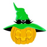 Vettore della zucca di Halloween con un cappello verde della strega e un pipistrello nero illustrazione vettoriale Vettore della zucca di Halloween con un cappello verde della strega e un pipistrello nero illustrazione vettoriale