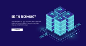 Vettore isometrico della stanza del server, tecnologia futuristica dell'insegna di protezione dei dati e di elaborazione, della r illustrazione vettoriale Vettore isometrico della stanza del server, tecnologia futuristica dell'insegna di protezione dei dati e di elaborazione, della r illustrazione vettoriale