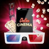 Vettore online dell'insegna del cinema Telefono astuto realistico Modello per il cartello, materiale di promozione Fondo online d illustrazione di stock Vettore online dell'insegna del cinema Telefono astuto realistico Modello per il cartello, materiale di promozione Fondo online d illustrazione di stock