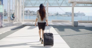Viaggiatore della donna in una via urbana stock footage Viaggiatore della donna in una via urbana stock footage