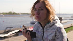 Viaggiatore felice che mangia il piatto in un ristorante - capelli marroni ondulati, donna femminile caucasica bianca delle costo archivi video Viaggiatore felice che mangia il piatto in un ristorante - capelli marroni ondulati, donna femminile caucasica bianca delle costo archivi video