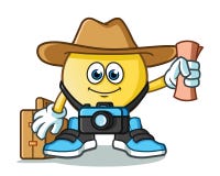 Viajero del Emoticon con la cámara, el mapa, el sombrero, y el ejemplo de la historieta del vector de la mascota de la maleta ilustración del vector Viajero del Emoticon con la cámara, el mapa, el sombrero, y el ejemplo de la historieta del vector de la mascota de la maleta ilustración del vector